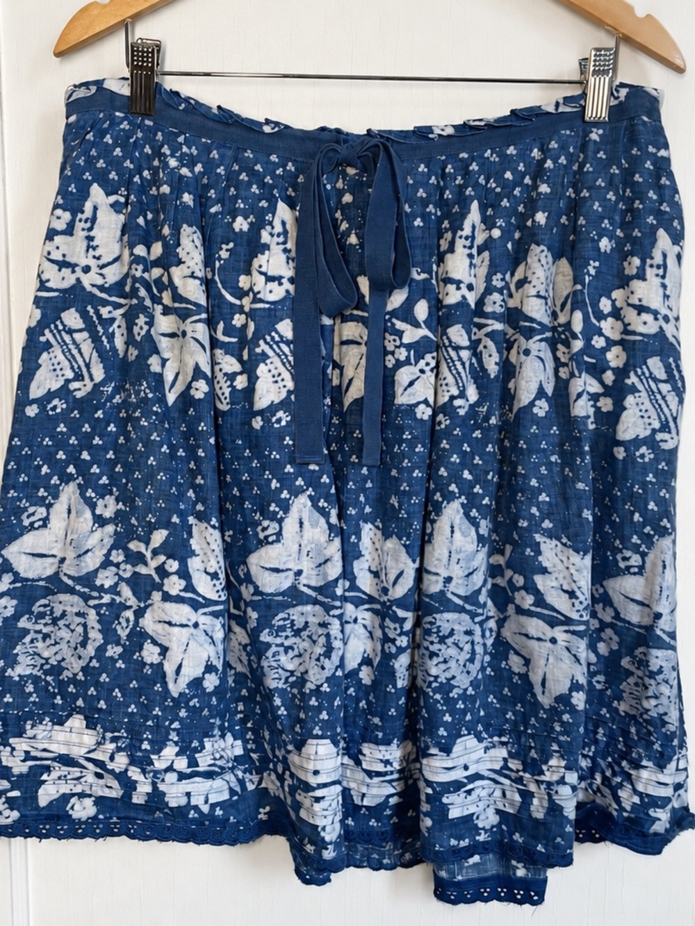 VTG Gap Summer 07 Blue White Linen Ribbon Skirt 10 Pockets Side Zip FLAW